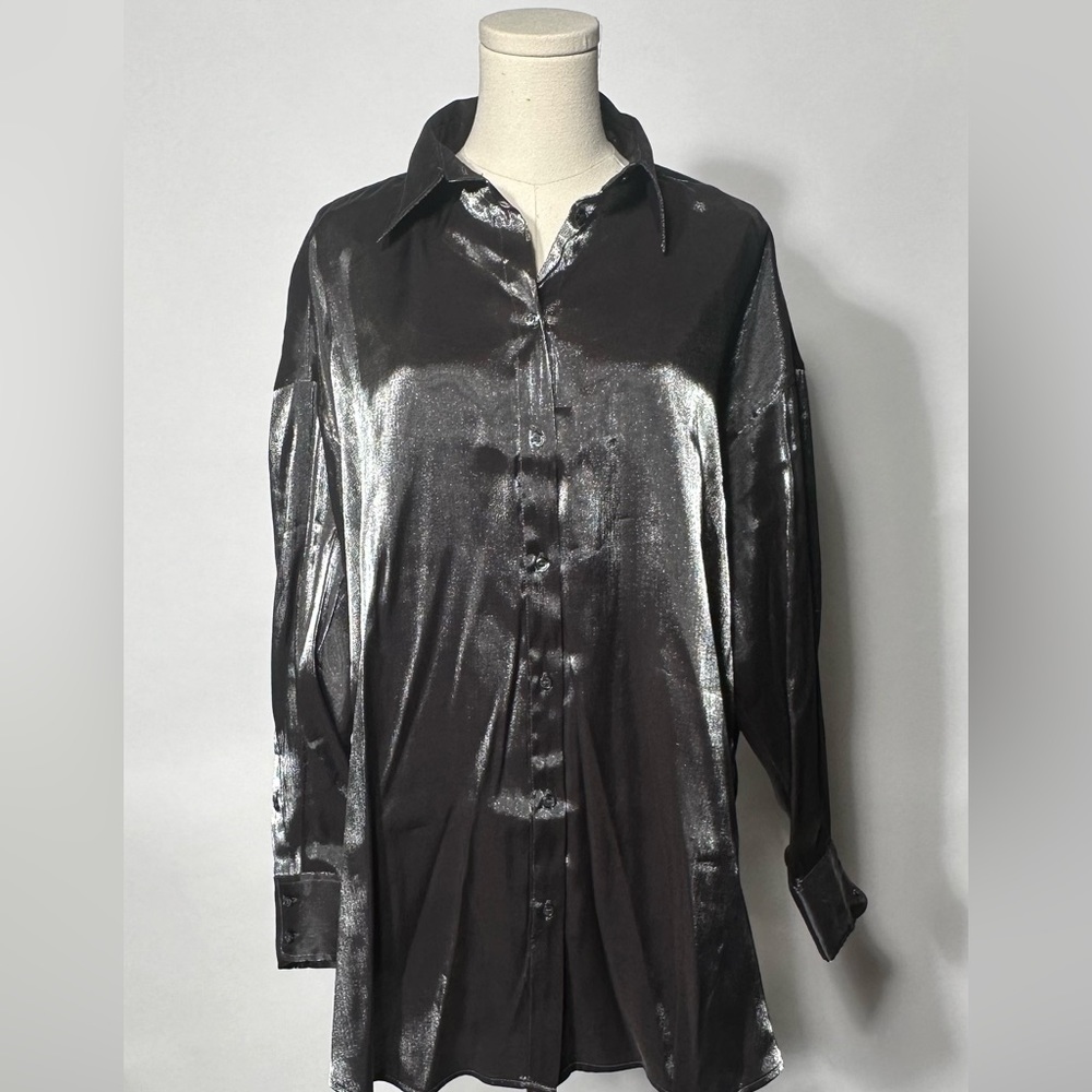 Silver metallic button down fancy blouse